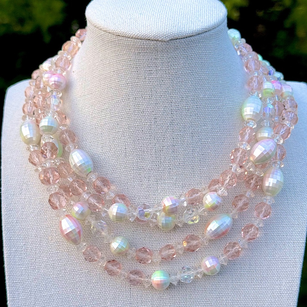 🤩 Vintage Signed Judy Lee Pink Aurora Borealis AB Necklace Clip Earring Set